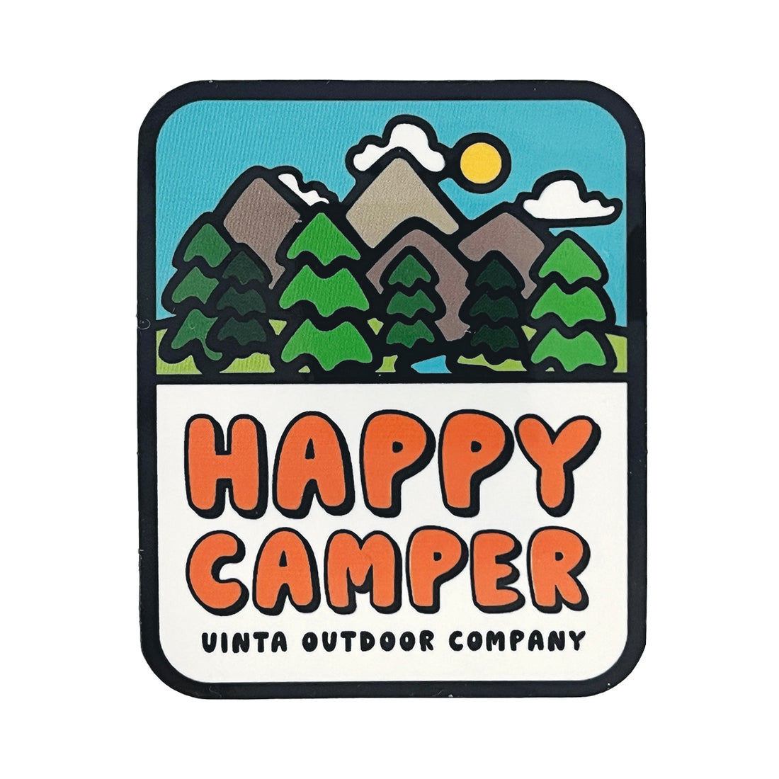 Happy Camper Sticker: orange bubble letters on a white background that say Happy Camper, Top half of sticker are bubble contour drawings of mountains, pine trees, and a river with a blue sky and sunshine