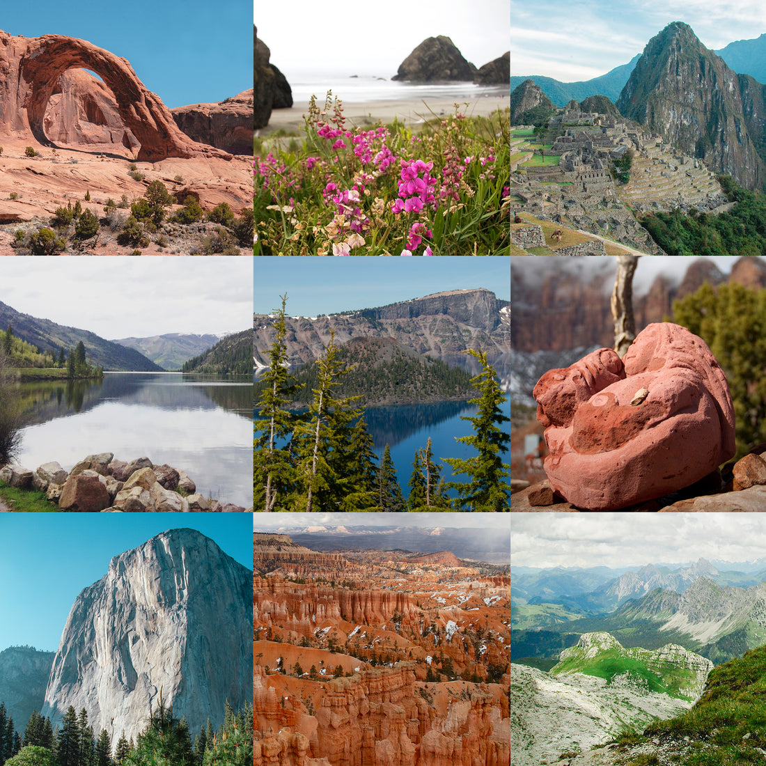 Collage of pics from traveling: Arches Nt Park, Oregon coast, Machu Picchu, Smith and Morehouse, Crater Lake, Zion, Yosemite, Bryce, the Alps