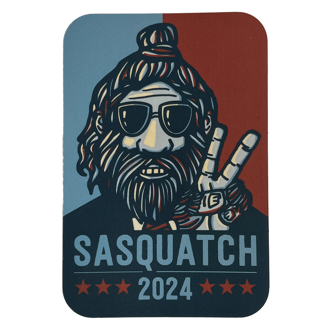 Sasquatch 2024 Sticker: contour drawing of big foot in a suit making a piece sign. Red, off-white, and blue color palette. Text: Sasquatch 2024 